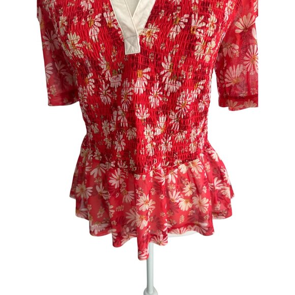 MAEVE Red Floral Collared Smocked Blouse Size Medium - Picture 5 of 10